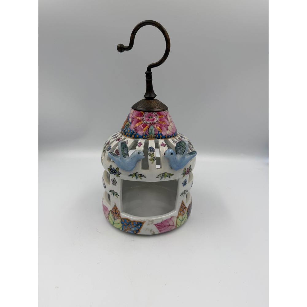 Vintage Famille Rose Porcelain Birdcage Decor Hand Painted Floral Blue Birds